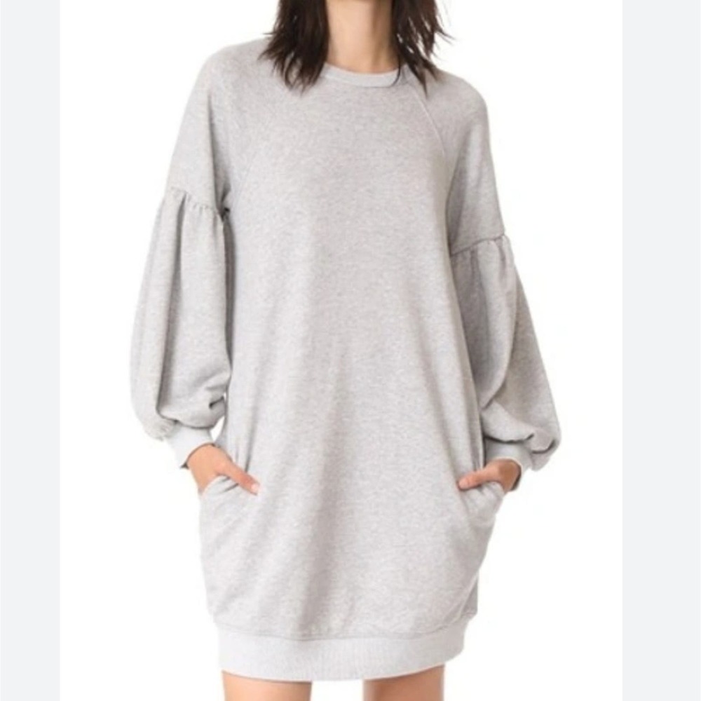 J.O.A Heathered Gray Long Puff Sleeve Sweatshirt Mini Dress